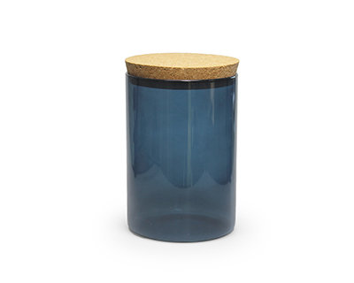 700 ml rond transparant pot met kurk deksel silver blue