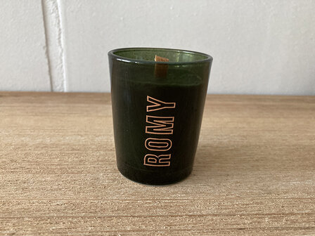 mini geurkaars met houten wiek mosgroen groen transparant glas
