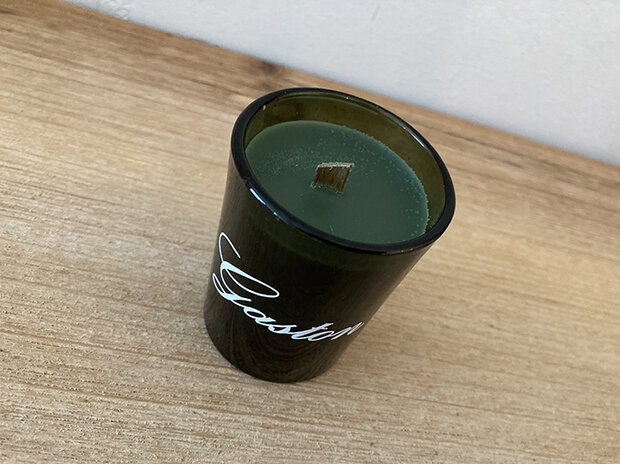mini geurkaars met houten wiek mosgroen groen transparant glas