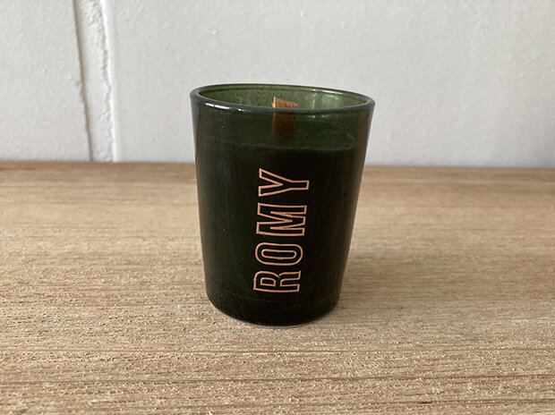 mini geurkaars met houten wiek mosgroen groen transparant glas
