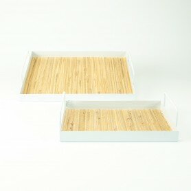 Metalen rechthoekig dienblad met riet tweedelig - wit