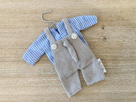 Broekpakje in stof - taupe streep / vichy blauw